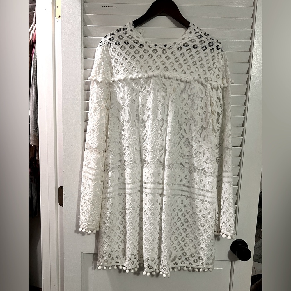White Mini Dress with Pom Pom Details - XL